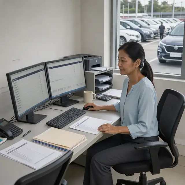 a sales desk with computer monitors displaying customer inquiry forms next to a window overlooking rows of new vehicles on the lot