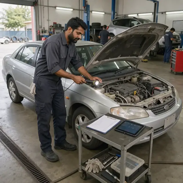 a technician in a service bay shining a light under the hood of a used sedan with a checklist and tablet nearby