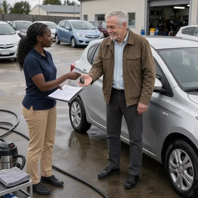 a sales agent handing a set of keys and a folder of paperwork to a customer standing beside a freshly detailed used car