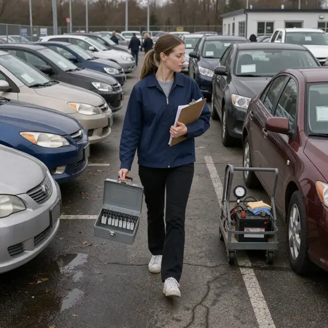 a lot attendant walking the rows of parked used cars carrying a clipboard and key box in an outdoor dealership lot