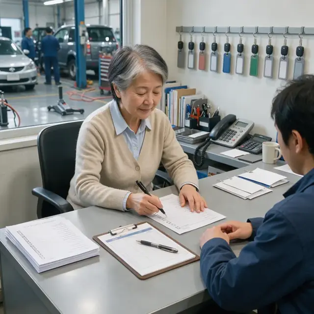 a sales desk with printed inquiry forms, a clipboard of appointment times and a row of vehicle key tags hanging on the wall