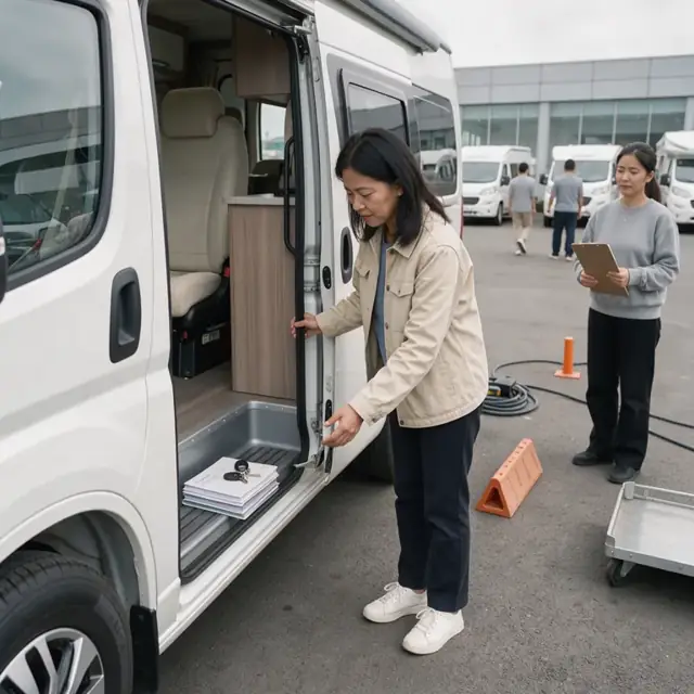 a new RV parked outside a dealership building with its door open and a stack of manuals and keys placed on the entry step