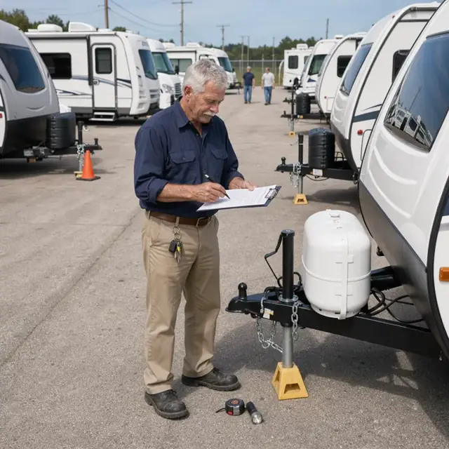 a sales lot with rows of travel trailers and motorhomes under clear skies, a worker standing at a clipboard checking specifications on a new unit