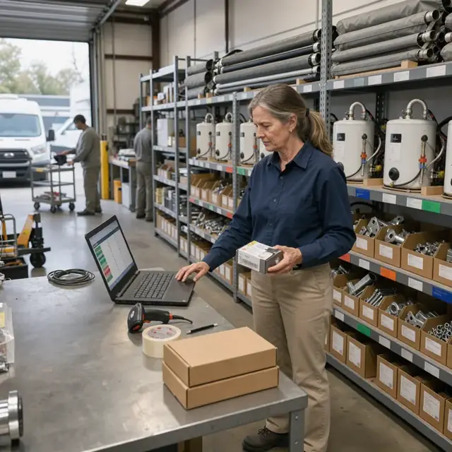 organized shelves in a parts room stocked with RV awnings, water heaters and boxes of hardware with an open inventory laptop on the counter