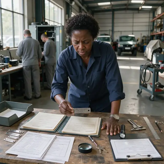 a desk with hull identification number plates, open registration folders and manufacturer service bulletin printouts