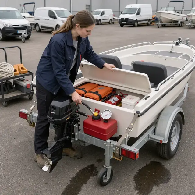 a worker checking safety gear and fuel in a new boat secured on a trailer in a dealership yard before delivery