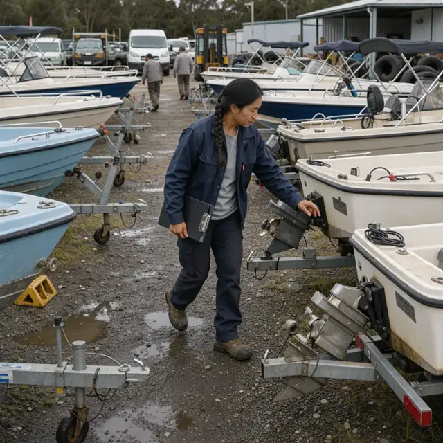 a worker walking between rows of boats on trailers in an outdoor yard checking hull numbers on transoms