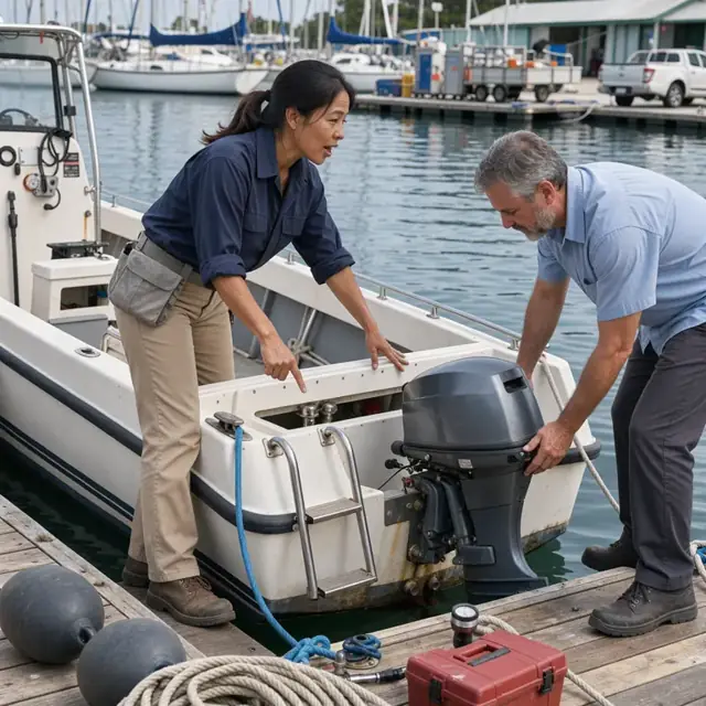 a worker at a marina dock pointing out features on a fiberglass boat to a customer examining the outboard motor