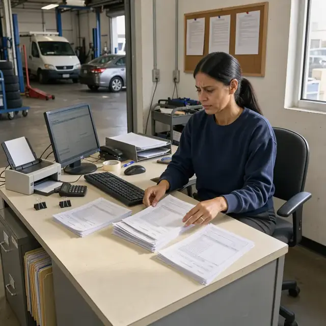 a worker at a desk organizing title documents and manufacturer forms next to a computer