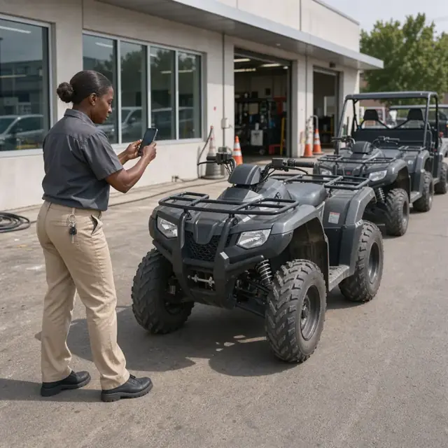 a worker photographing an ATV lined up outside the dealership building on a sunny day