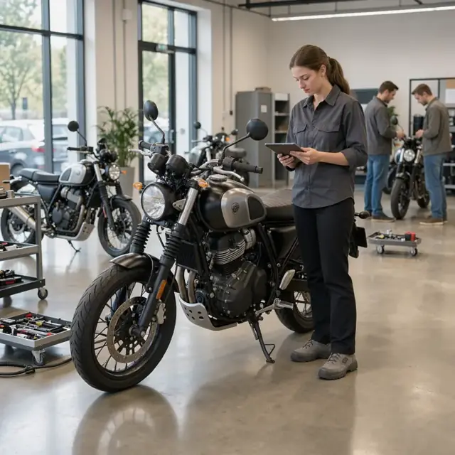 a worker standing beside a motorcycle on the showroom floor reviewing notes on a tablet