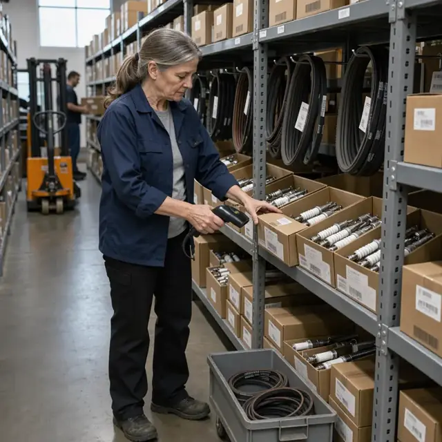 a worker scanning barcodes on boxes of spark plugs and belts on industrial shelving in a stockroom