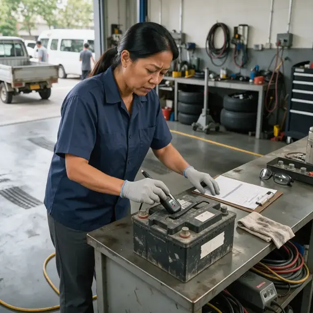 a worker inspecting a returned battery at a service counter while filling out a returns form on a clipboard