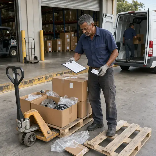 a worker unloading cardboard boxes of auto parts from a pallet on a loading dock and checking against an order list