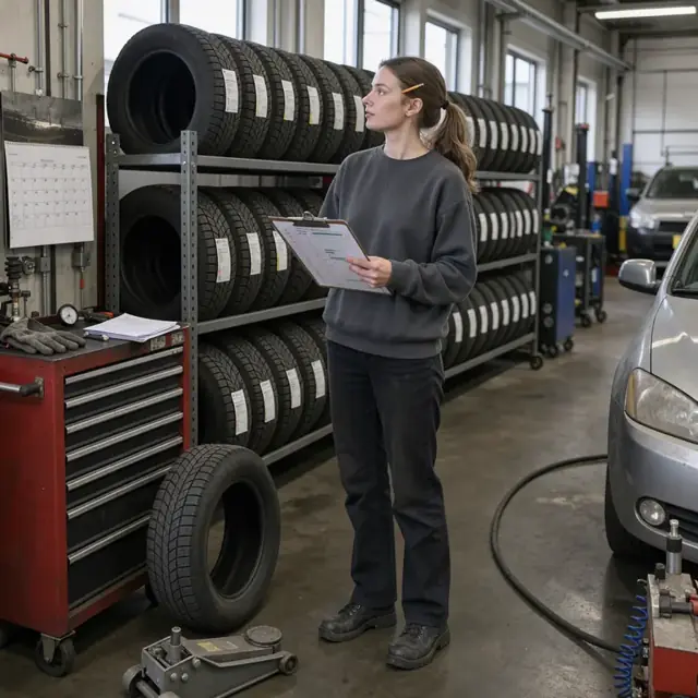 a worker reviewing inventory charts and a wall calendar while standing in front of racks of winter tires