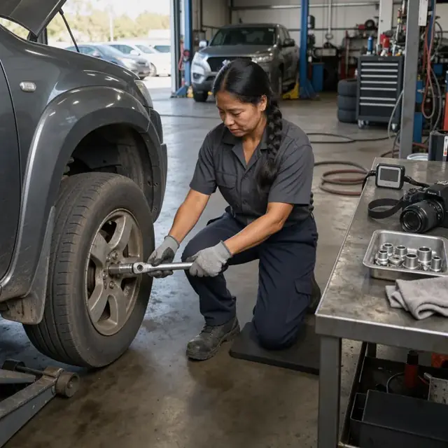 a technician using a torque wrench on a wheel while a digital pressure gauge and camera sit on the workbench nearby
