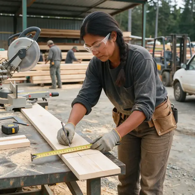 a worker marking exact lengths on a long board at a lumber cutting station with a measuring tape and pencil