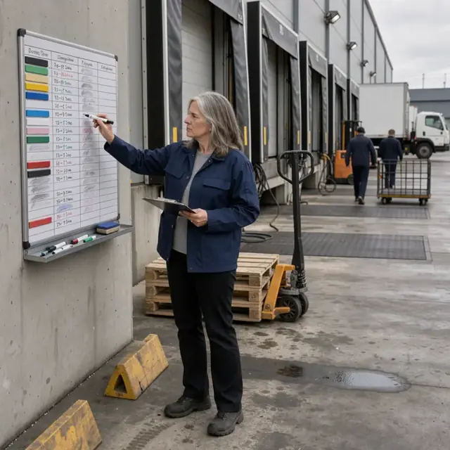 a store associate updating a scheduling board with delivery times next to a row of loading bays
