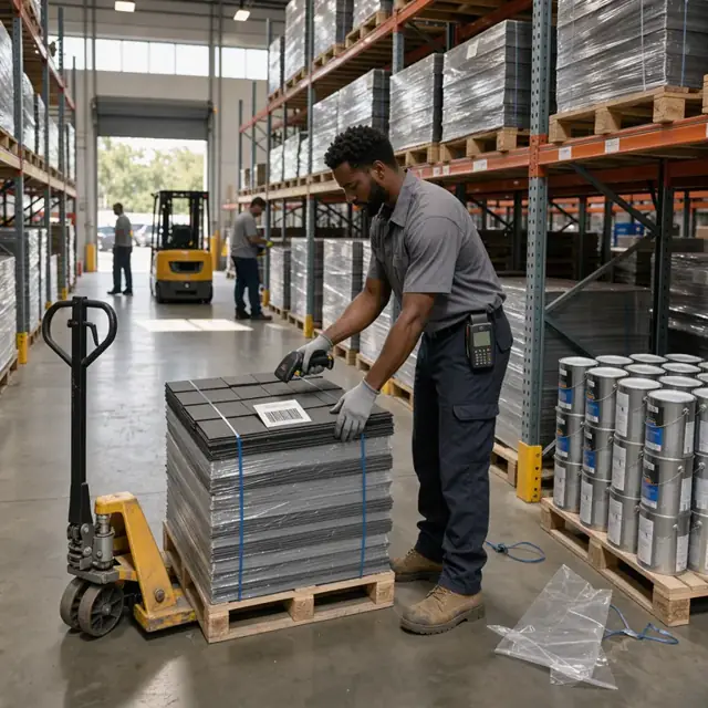 a warehouse worker scanning barcodes on pallets of shingles and paint cans inside a tall metal storage rack