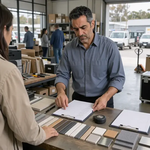 a store associate at a customer service counter reviewing order forms and material samples spread across a wooden desk