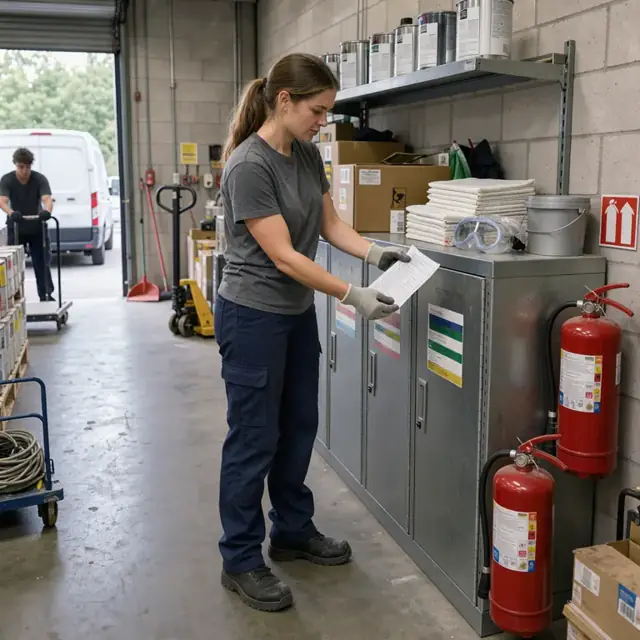 a worker checking labels on metal hazardous material storage cabinets and fire extinguishers in a paint store back room