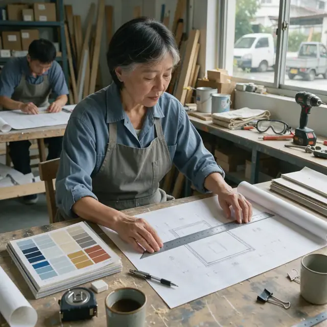 a worker at a desk measuring a set of blueprints with a scale ruler beside a stack of paint brochures