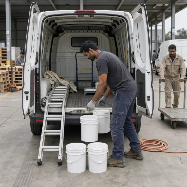 a worker loading multiple five-gallon paint buckets and extension ladders into the back of a van at a loading dock