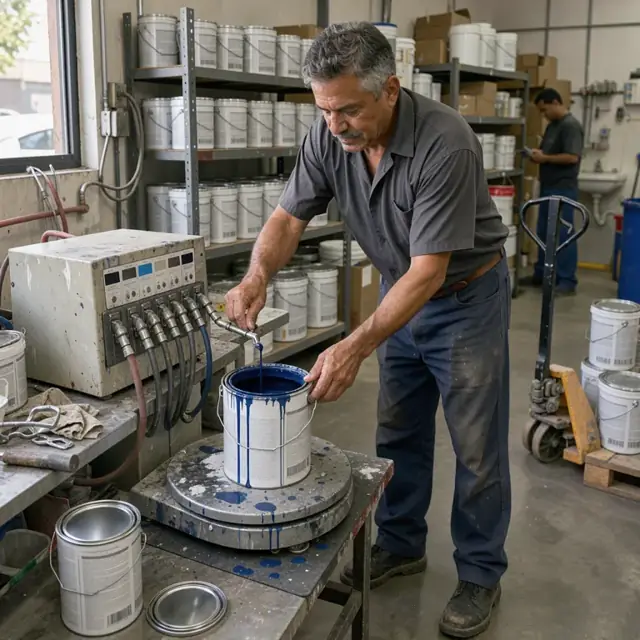 a worker pouring tint from a machine into an open paint can on a commercial paint shaker in a back room stocked with base cans