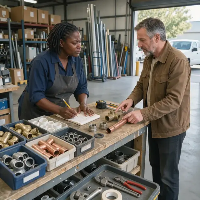 a worker at the sales counter noting a customer's plumbing repair needs on a notepad beside open bins of pipe fittings