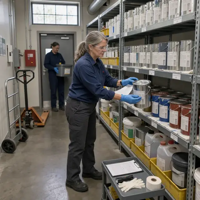 a worker checking labels and dates on cans of paint and solvent containers stored on metal shelving in a dedicated hazardous materials room