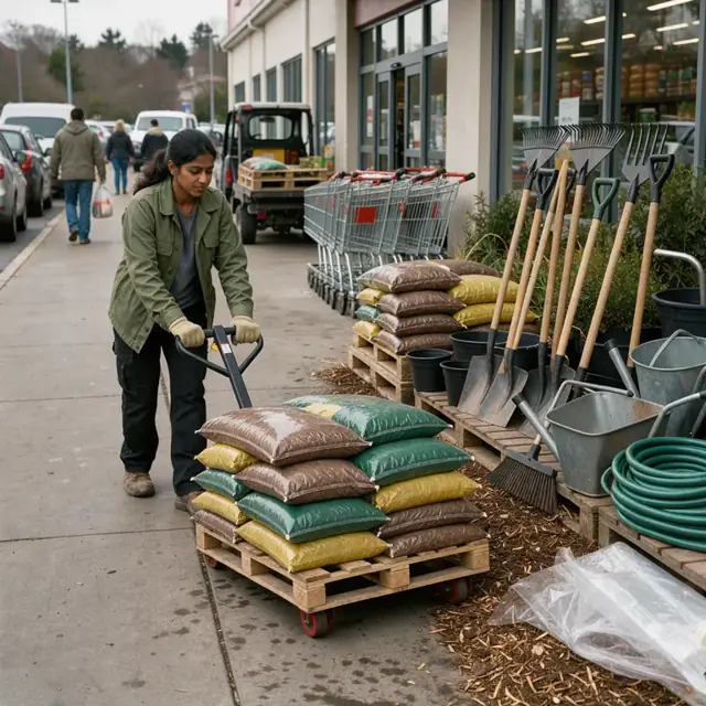 a worker wheeling a pallet of mulch bags and garden tools into a prominent front-of-store display area during a seasonal reset