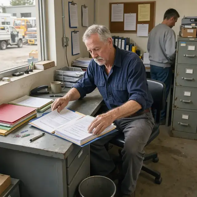 a worker organizing folders of product specification sheets and safety documents at a metal desk inside a yard office