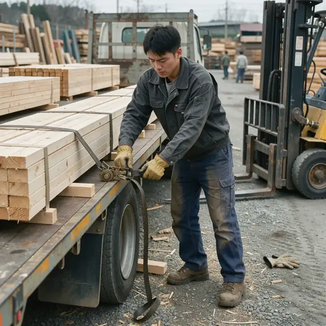 a worker securing strapped lumber bundles on a flatbed truck in a gravel yard with a forklift nearby