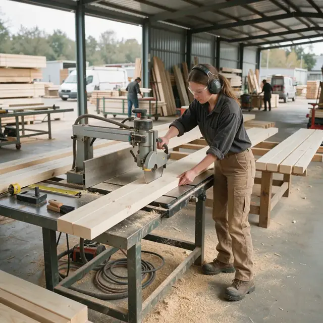 a worker operating a radial arm saw cutting multiple lengths of dimensional lumber inside a covered yard shed