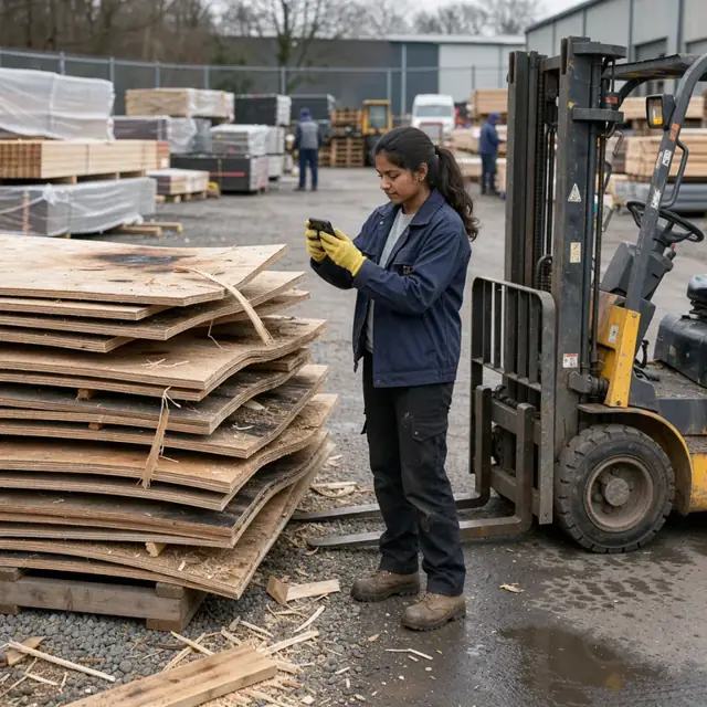 a worker photographing a stack of warped plywood sheets beside a forklift in an outdoor storage yard