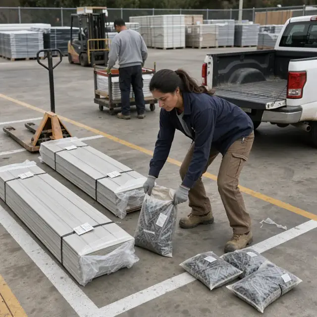 a worker placing tagged bundles of siding and bags of fasteners on a concrete pad marked for customer pickup