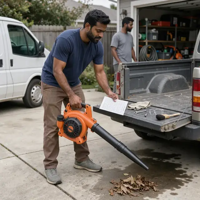 a customer in a driveway examining a freshly serviced leaf blower while holding a maintenance checklist