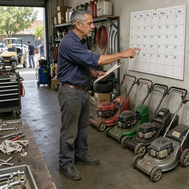 a service manager standing at a wall calendar beside a row of lawn mowers waiting for repair in the shop