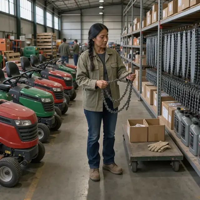 a warehouse aisle with riding mowers lined up on one side and shelves of chainsaw bars, chains and oil on the other