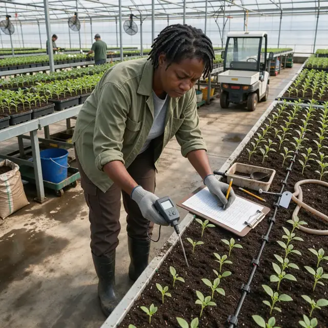 a worker measuring soil moisture in greenhouse benches and noting readings on a clipboard checklist