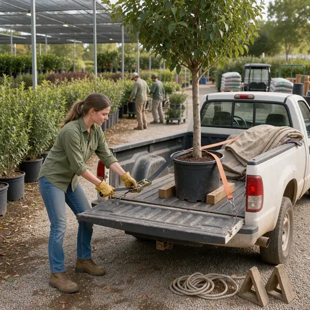 a worker securing a large potted tree in the bed of a pickup truck with straps at the nursery loading area