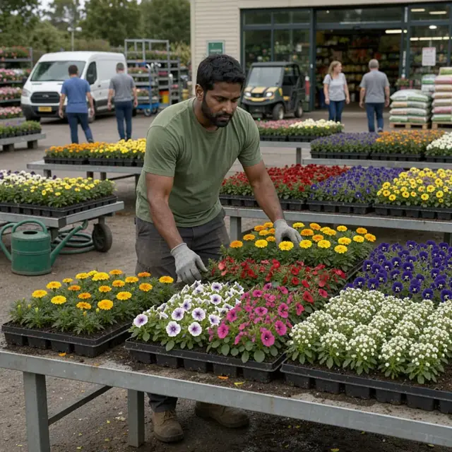 a worker arranging rows of colorful annual flats on outdoor display tables at the front of a garden center