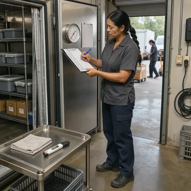 a worker checking the temperature of a walk-in cooler and writing on a wall-mounted checklist clipboard