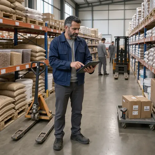 a worker reviewing inventory counts on a tablet while standing in a stocked dry goods aisle