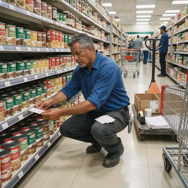 a worker placing price tags on shelf edges in a brightly lit grocery aisle