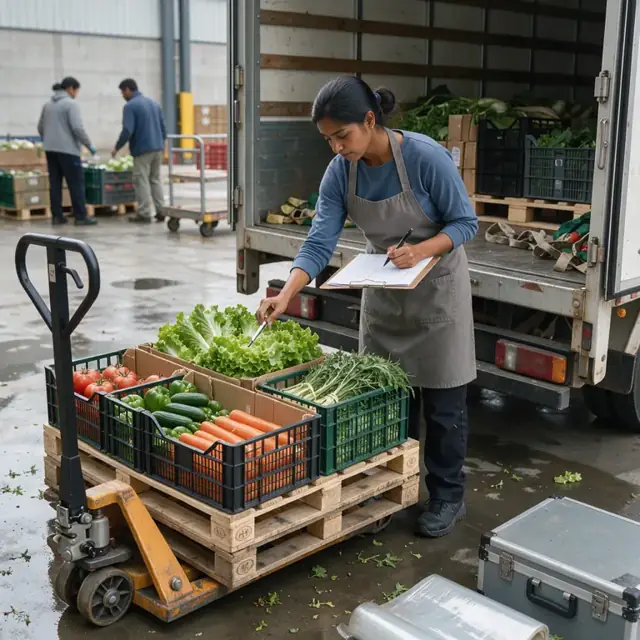 a worker in an apron inspecting a pallet of fresh produce and recording temperatures on a clipboard beside an open delivery truck