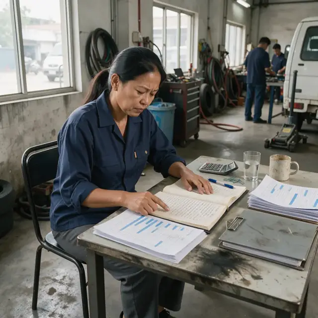 a worker at a desk comparing printed sales reports with handwritten waste logs