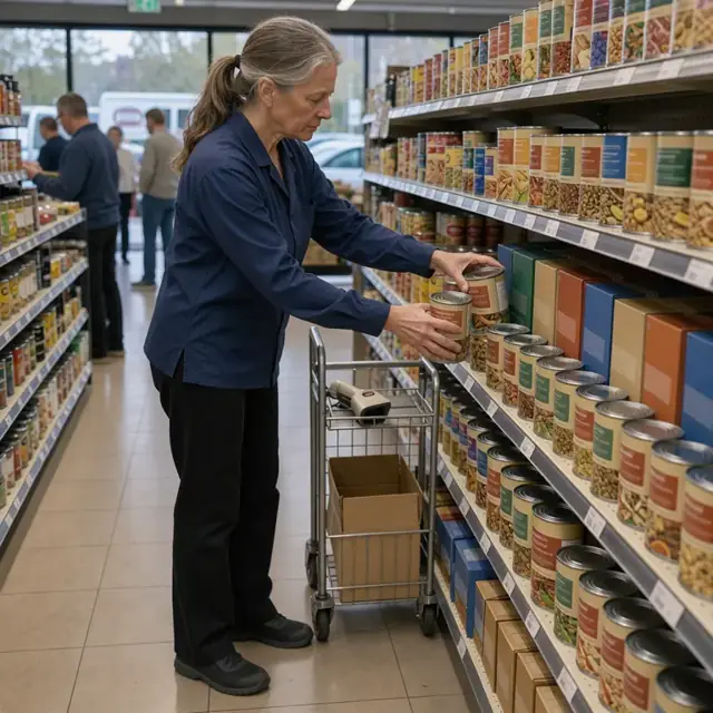 a worker facing cans and boxes on a grocery shelf while rotating older product forward