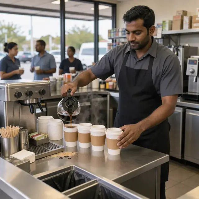 a worker pouring fresh coffee from a commercial brewer into a row of to-go cups at a self-serve station with condiments