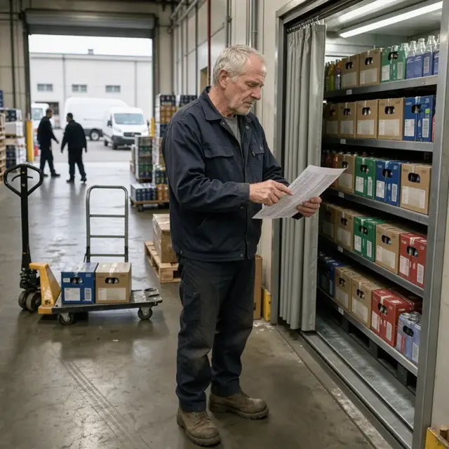 a worker reviewing a printed order list while standing in front of a walk-in beverage cooler filled with cases